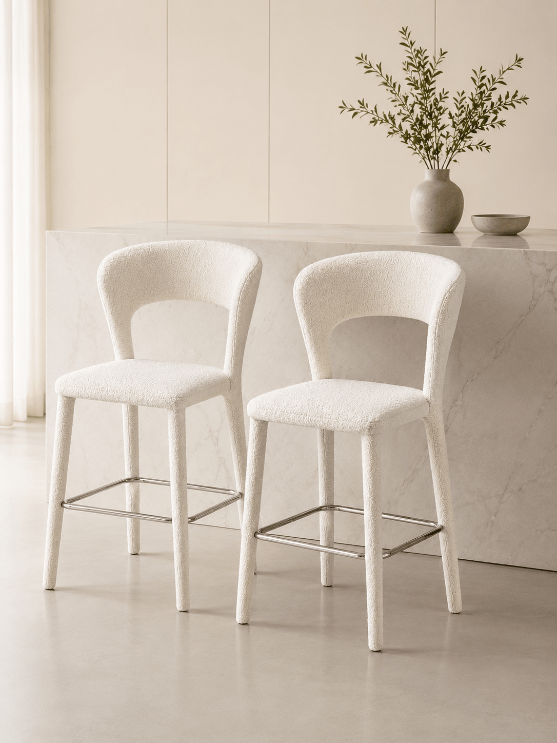 Modern White Bouclé Bar Chair with Chrome Footrest - SHAGHAF HOME