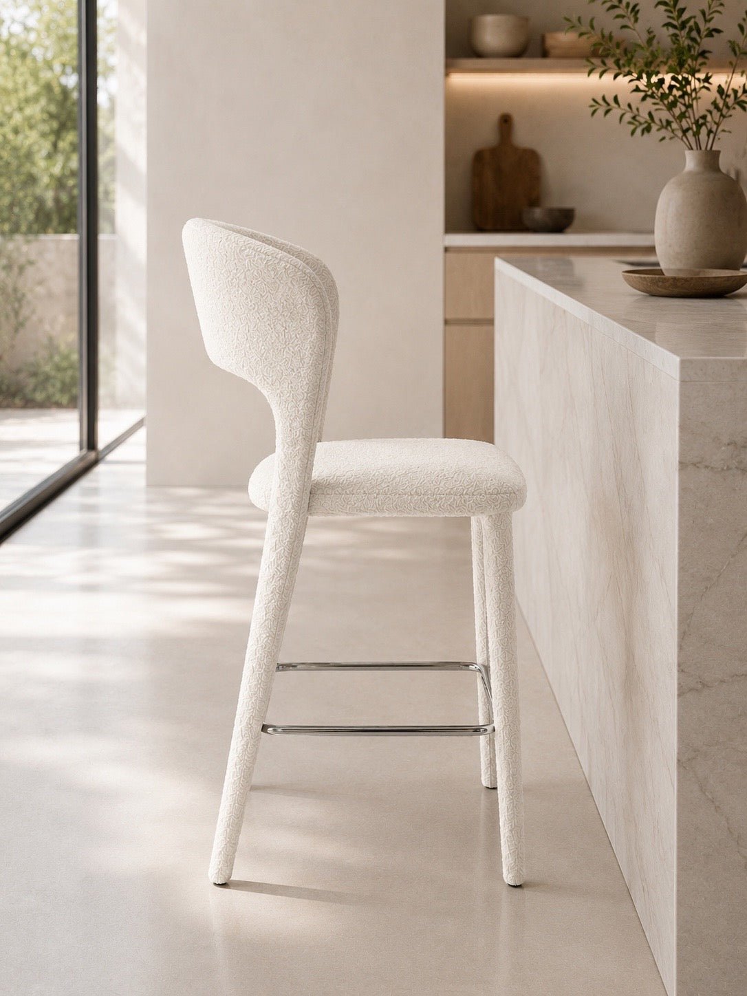 Modern White Bouclé Bar Chair with Chrome Footrest - SHAGHAF HOME