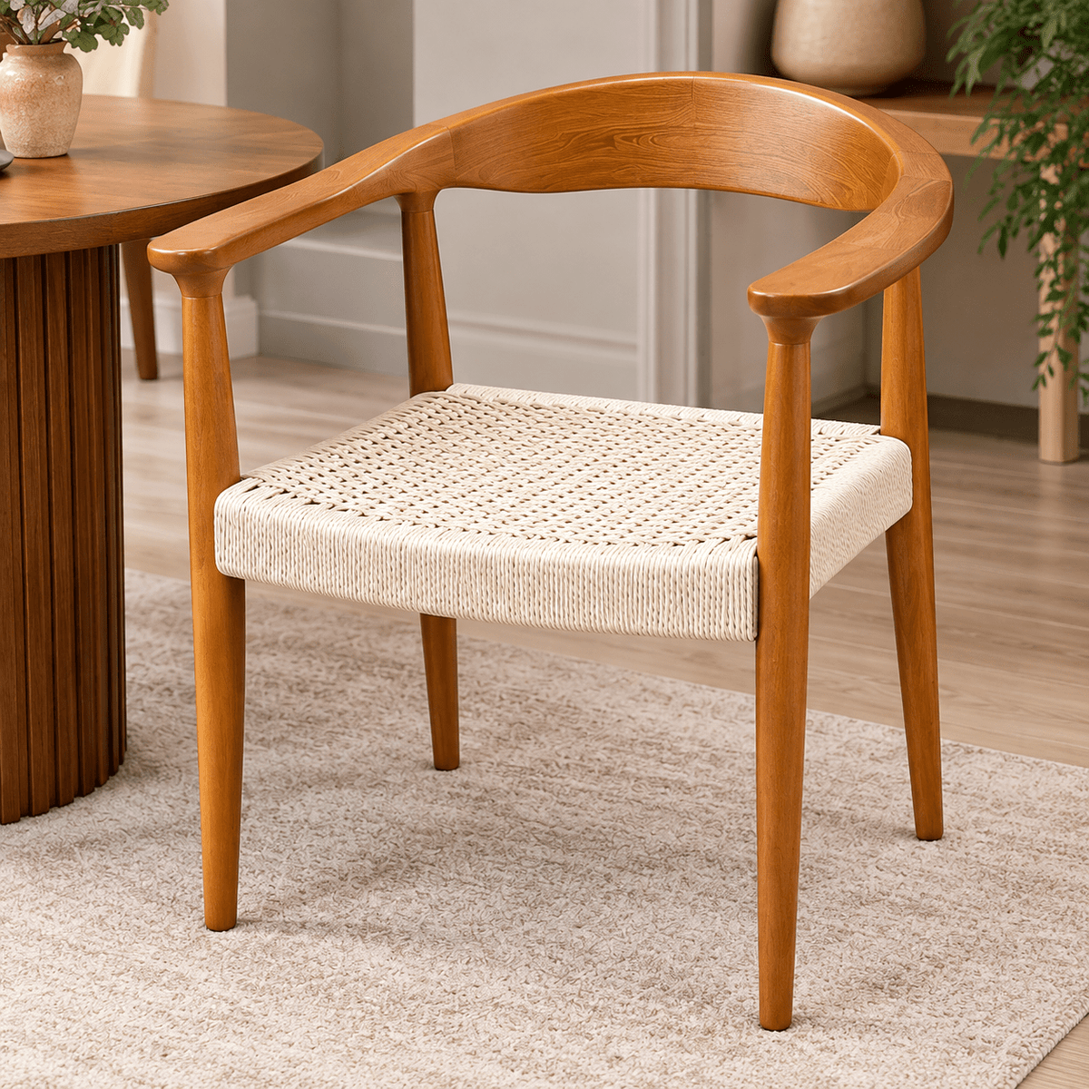 Modern Wooden Arm Dining Chair with Cream Woven Rope Seat - SHAGHAF HOME