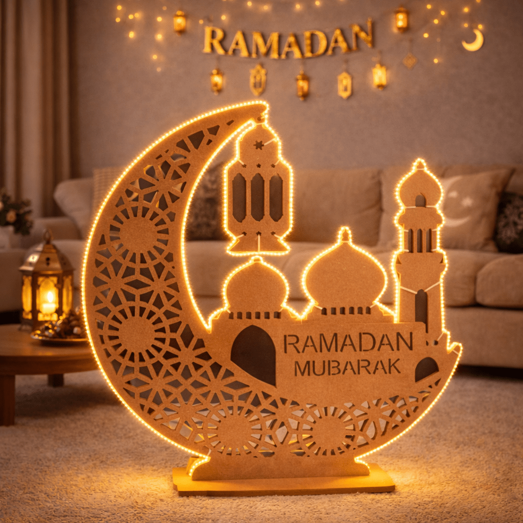 Mubarak Crescent lantern LED Lamp – MDF Decorative Lamp (80 × 80 cm) - SHAGHAF HOME