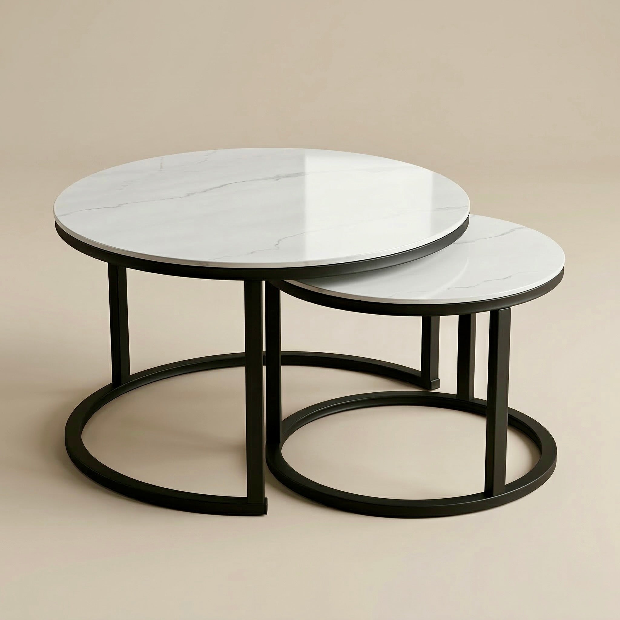 Nero Nesting Cozy Coffee Table Set — White Ceramic Marble Top with Black Metal Frame (2 - Piece) - SHAGHAF HOME
