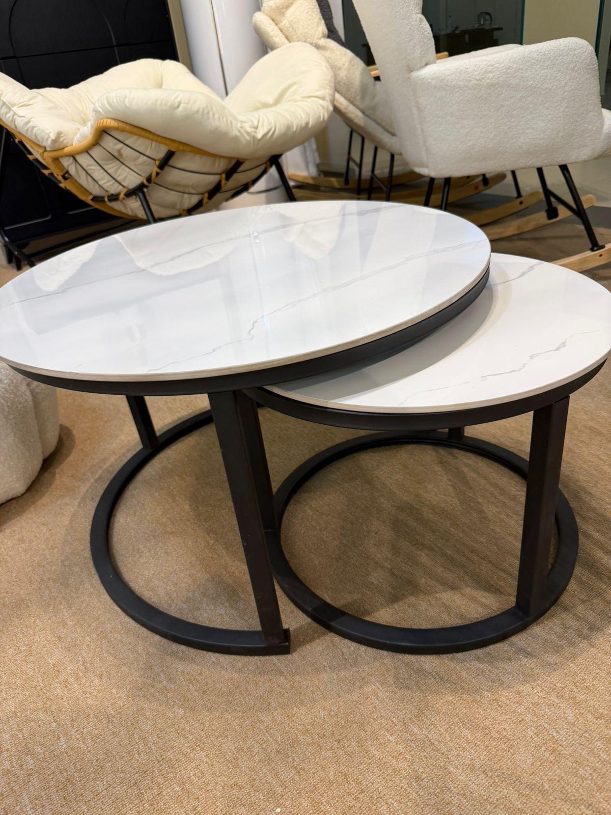 Nero Nesting Cozy Coffee Table Set — White Ceramic Marble Top with Black Metal Frame (2 - Piece) - SHAGHAF HOME