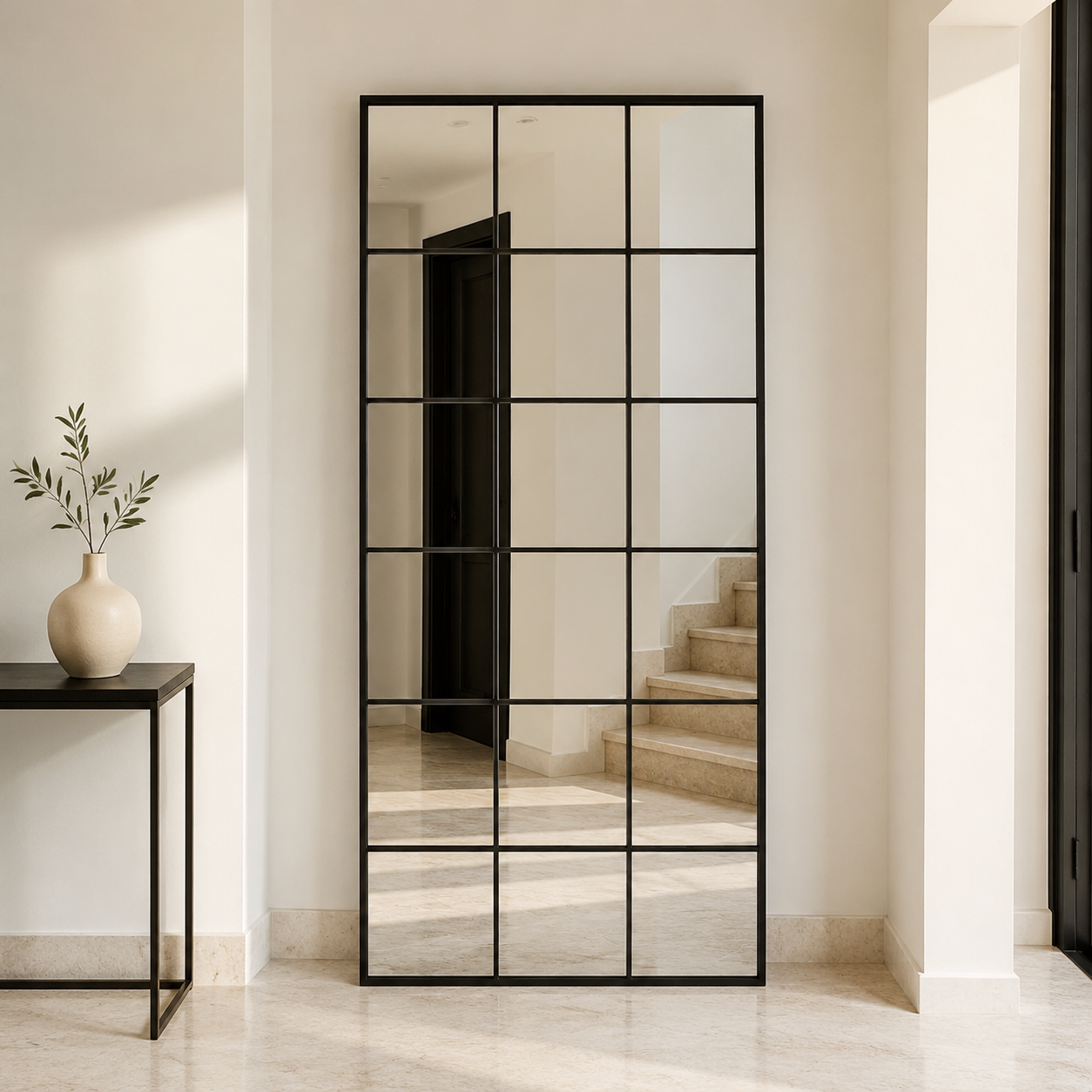 Noir Grid black frame mirror in a luxury minimalist interior