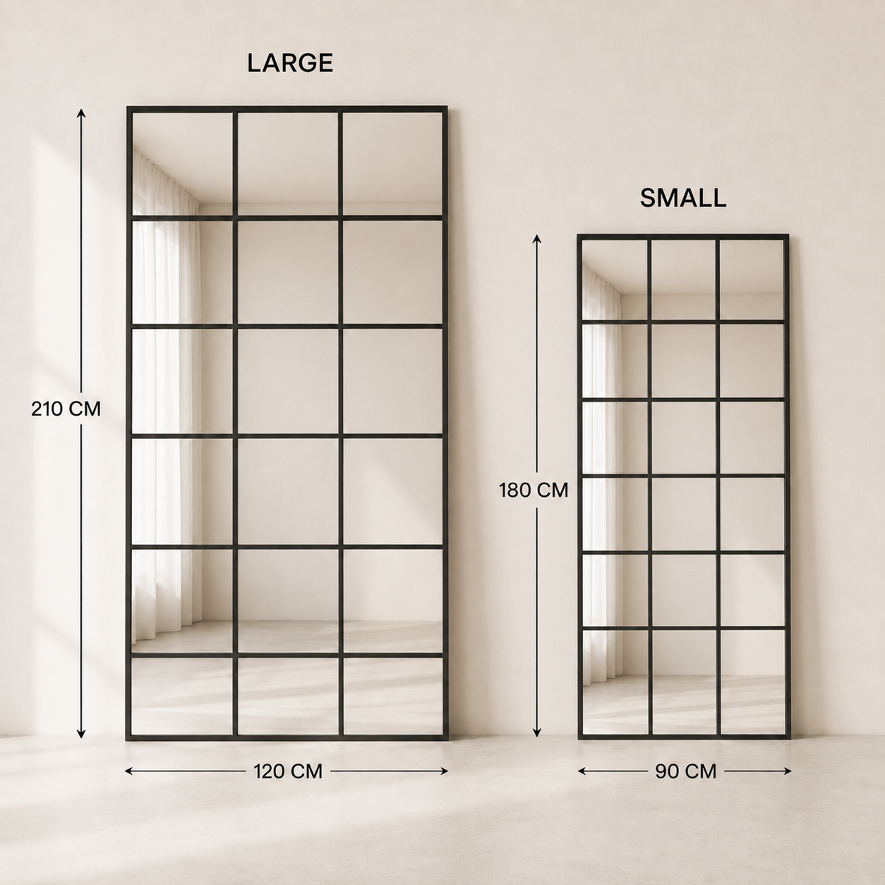 Noir Grid black frame mirror in a luxury minimalist interior