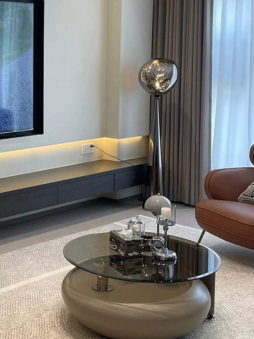 Obsidian Glow Sculptural Floor Lamp – Smoked Glass Sphere with Modern Cone Base - SHAGHAF HOME