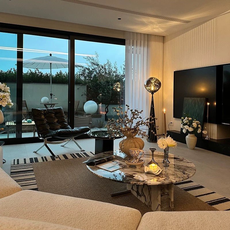 Obsidian Glow Sculptural Floor Lamp – Smoked Glass Sphere with Modern Cone Base - SHAGHAF HOME
