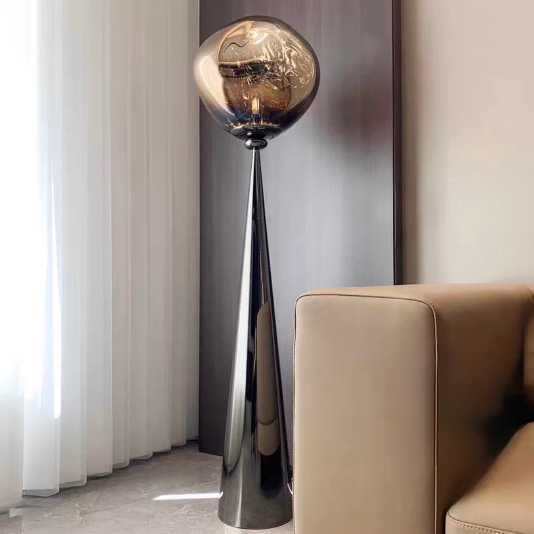 Obsidian Glow Sculptural Floor Lamp – Smoked Glass Sphere with Modern Cone Base - SHAGHAF HOME