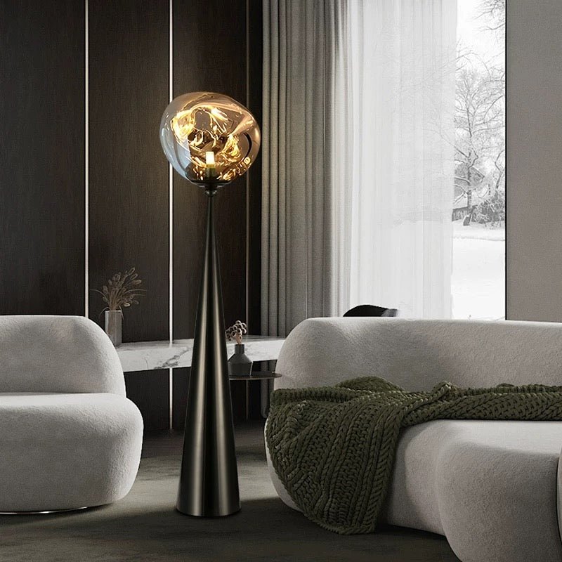 Obsidian Glow Sculptural Floor Lamp – Smoked Glass Sphere with Modern Cone Base - SHAGHAF HOME