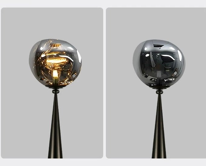 Obsidian Glow Sculptural Floor Lamp – Smoked Glass Sphere with Modern Cone Base - SHAGHAF HOME