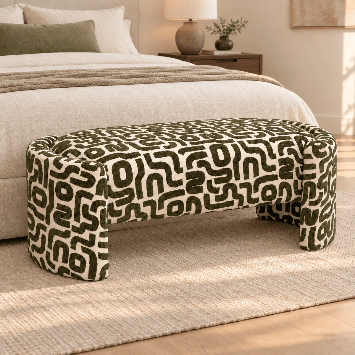 Olvara Geometric Upholstered Bench – Dark Olive Green & Cream - SHAGHAF HOME