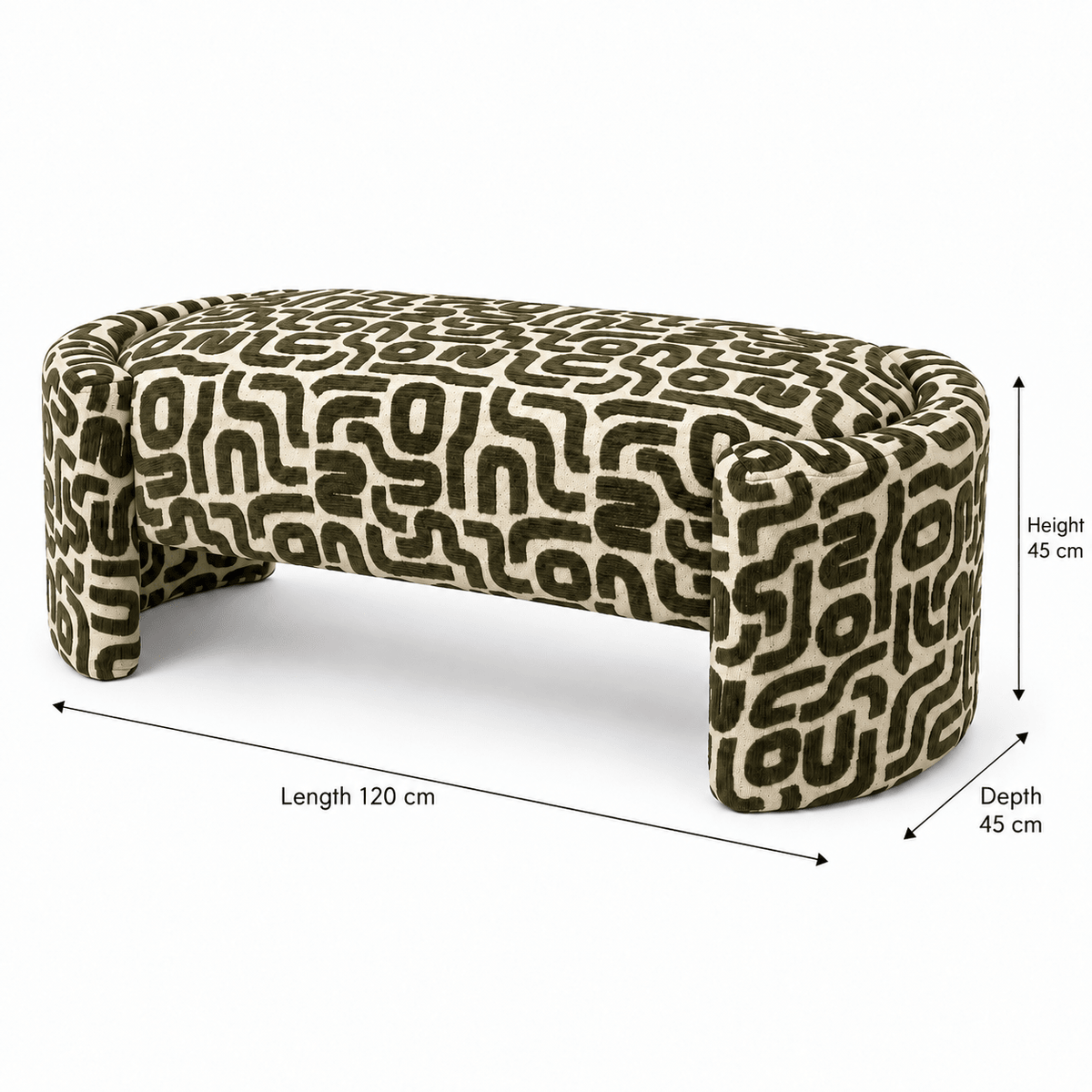 Olvara Geometric Upholstered Bench – Dark Olive Green & Cream - SHAGHAF HOME