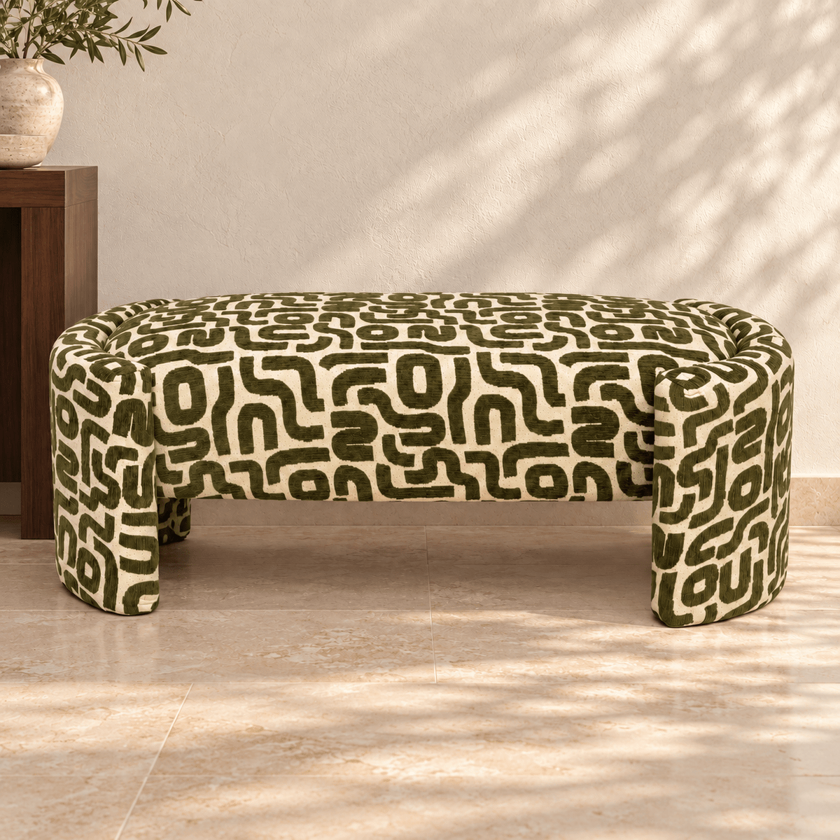 Olvara Geometric Upholstered Bench – Dark Olive Green & Cream - SHAGHAF HOME