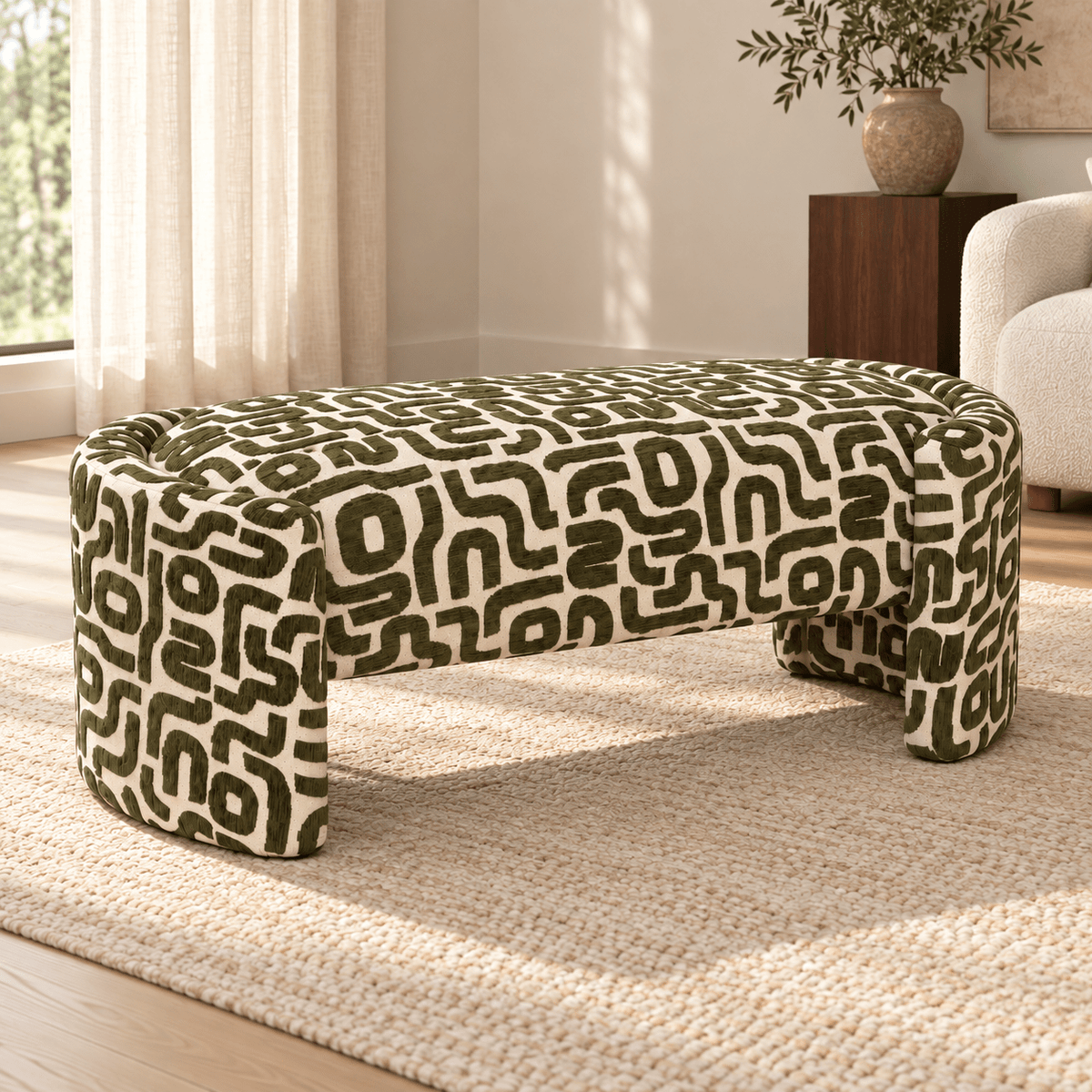 Olvara Geometric Upholstered Bench – Dark Olive Green & Cream - SHAGHAF HOME