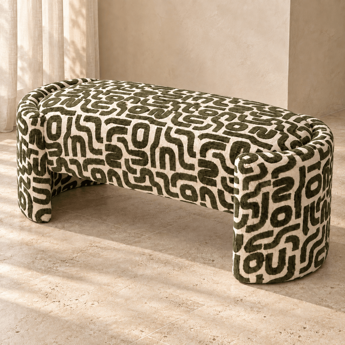 Olvara Geometric Upholstered Bench – Dark Olive Green & Cream - SHAGHAF HOME
