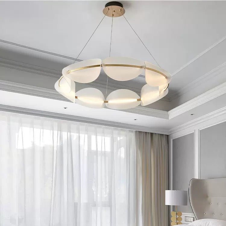 Petal Glow Modern Chandelier – Gold Frame with Frosted Acrylic Petal Shades - SHAGHAF HOME