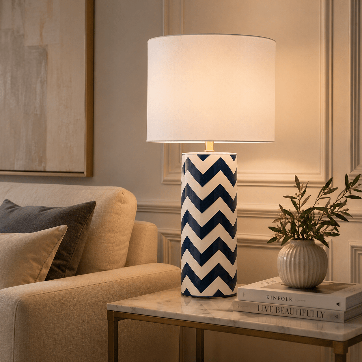 Portofino white and navy bluenCeramic Table Lamp - SHAGHAF HOME
