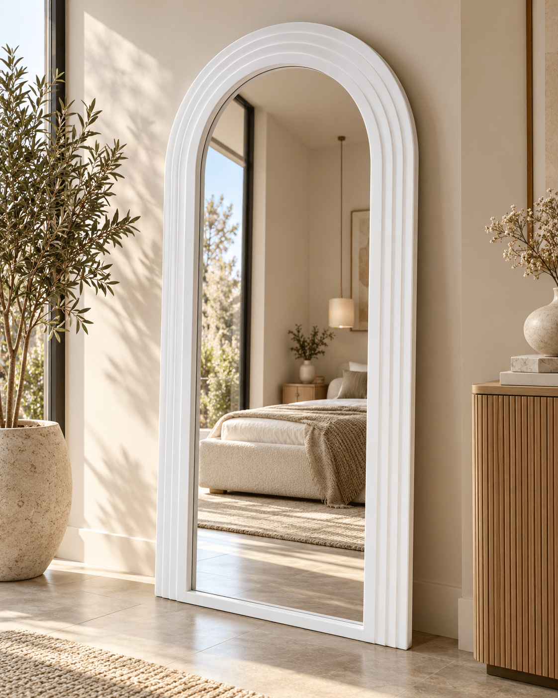 Pure White Arched Full-Length Mirror with Ribbed Wood Frame 170×80 cm - SHAGHAF HOME