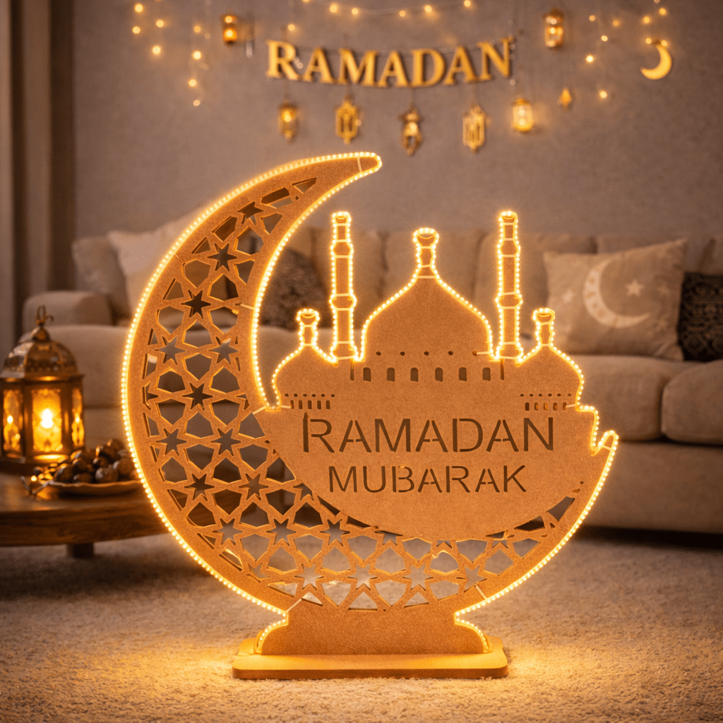 Ramadan Mubarak Crescent LED Lamp – MDF Decorative Lamp (80 × 80 cm) - SHAGHAF HOME