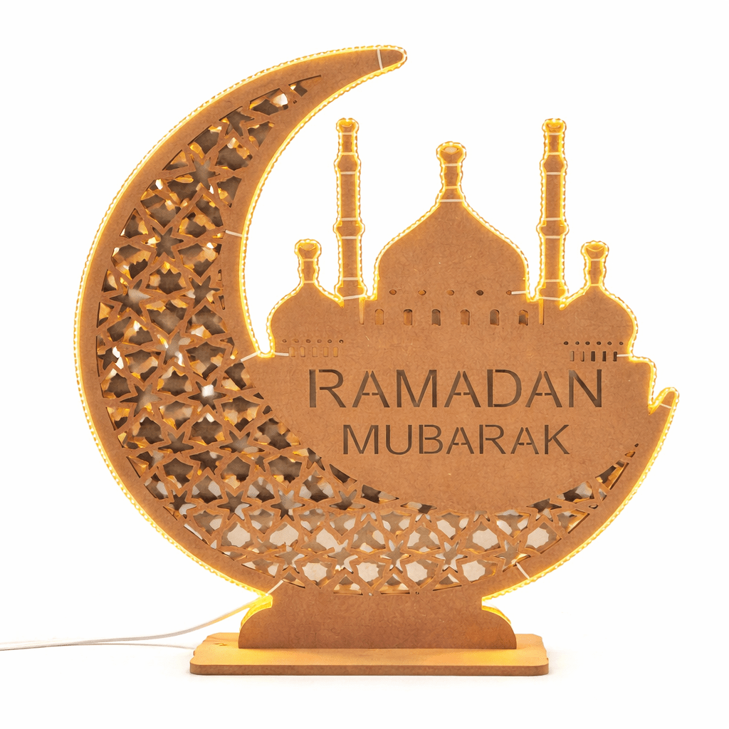 Ramadan Mubarak Crescent LED Lamp – MDF Decorative Lamp (80 × 80 cm) - SHAGHAF HOME