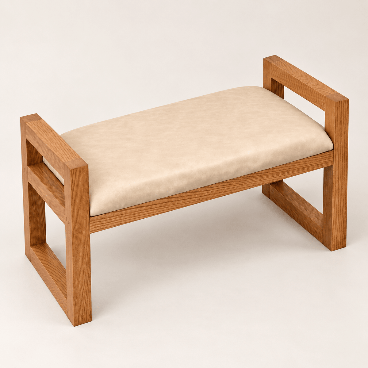 Red Oak Upholstered Bench with Beige Cushion - SHAGHAF HOME