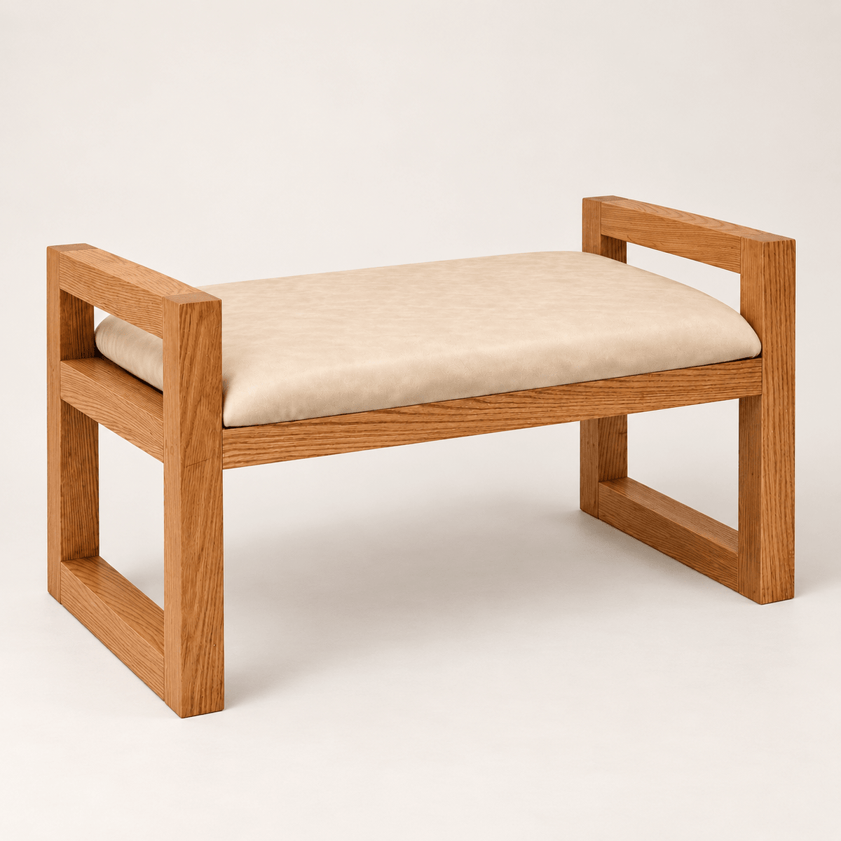 Red Oak Upholstered Bench with Beige Cushion - SHAGHAF HOME