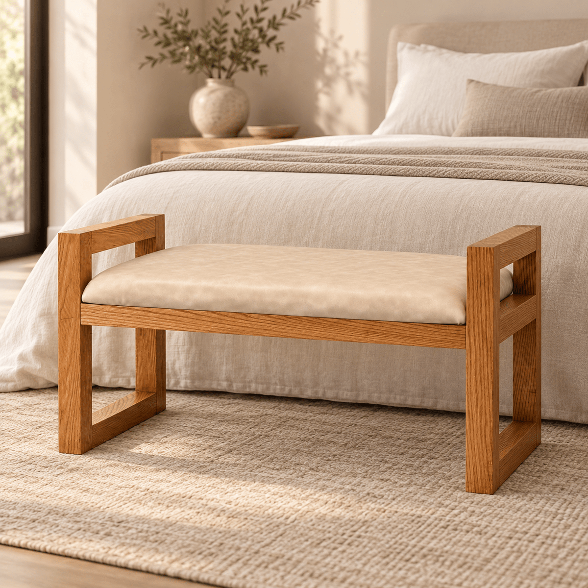 Red Oak Upholstered Bench with Beige Cushion - SHAGHAF HOME