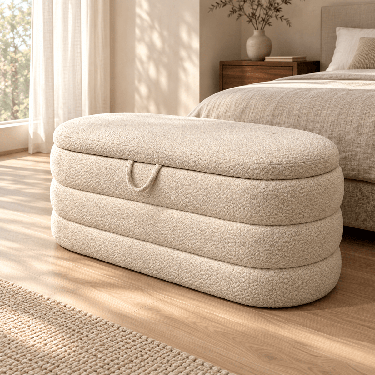 Rounded Boucle Storage Bench – Cream - SHAGHAF HOME
