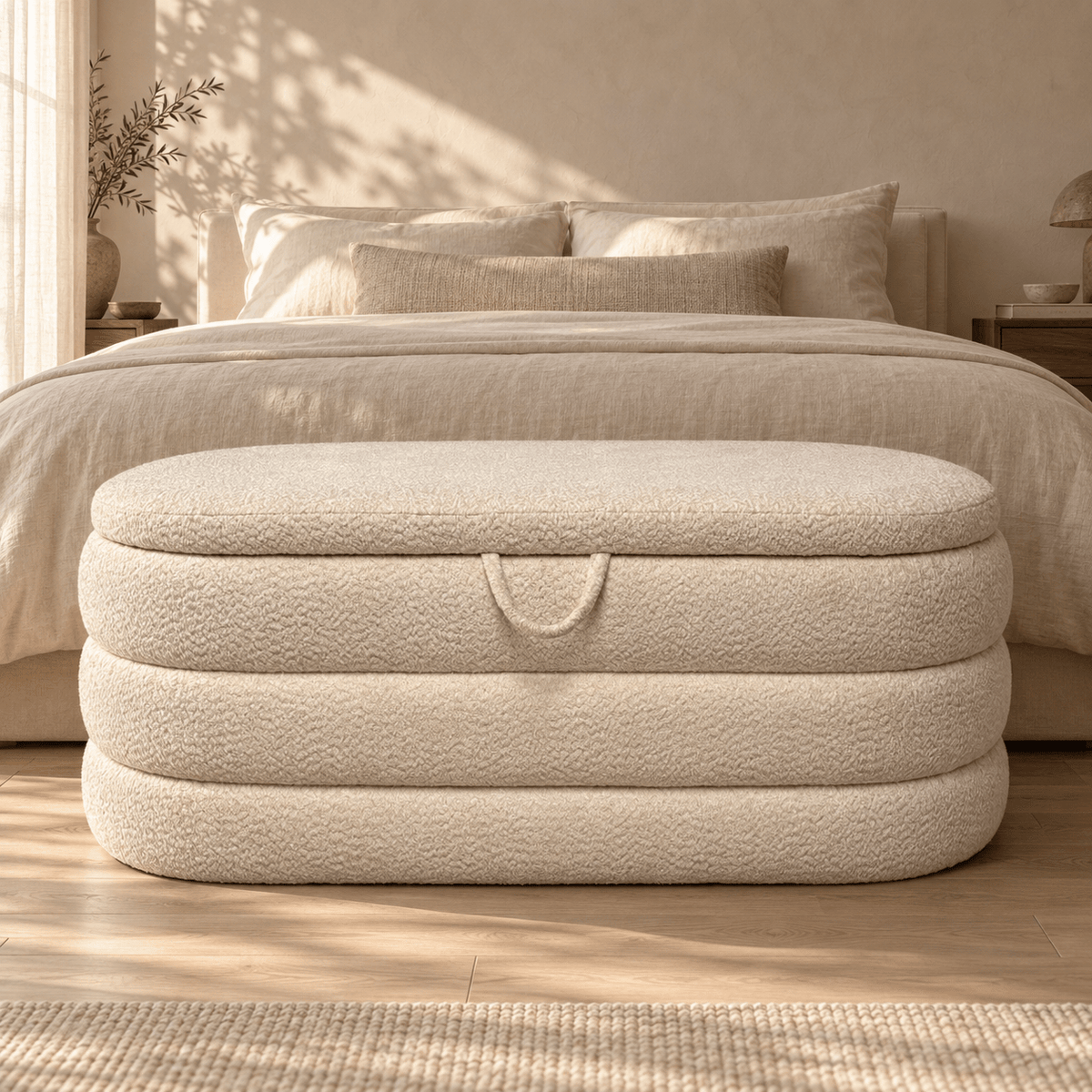 Rounded Boucle Storage Bench – Cream - SHAGHAF HOME