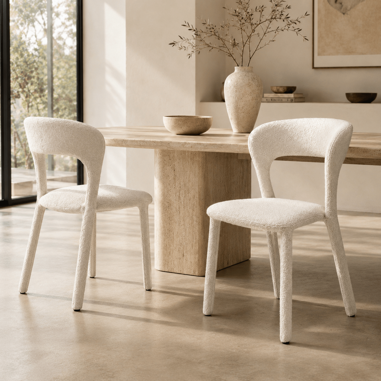 Sculptural Bouclé Dining Chair with Open Backrest – Modern Ivory Upholstered Dining Chair - SHAGHAF HOME