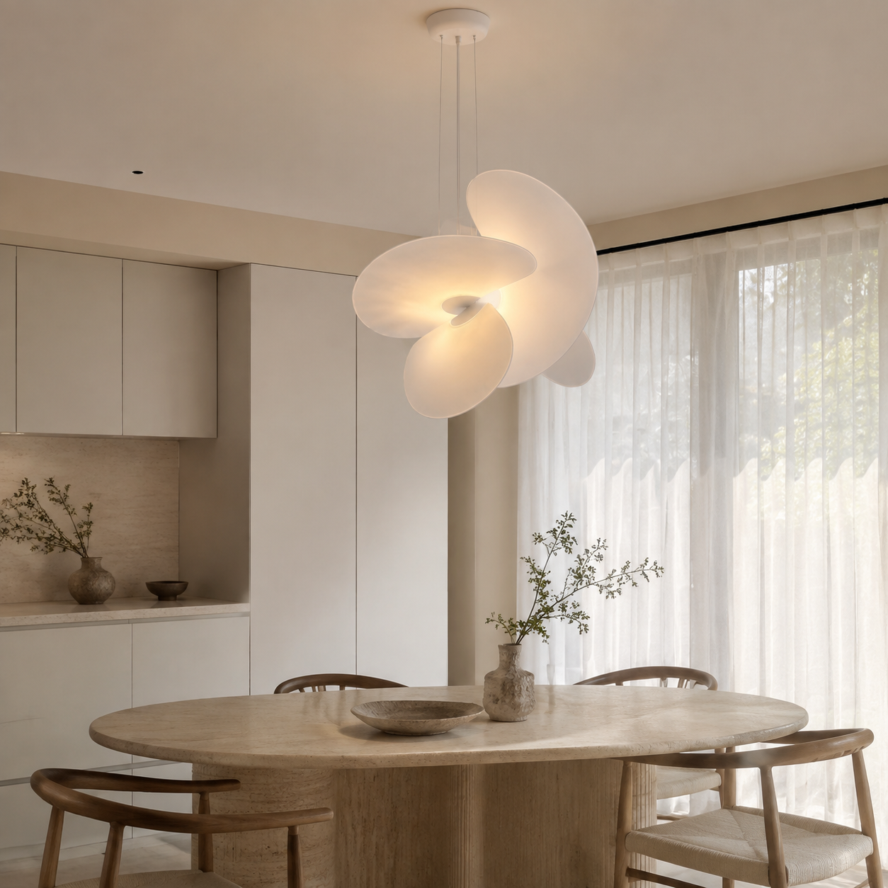 Sculptural silk fabric pendant light in a minimalist dining room