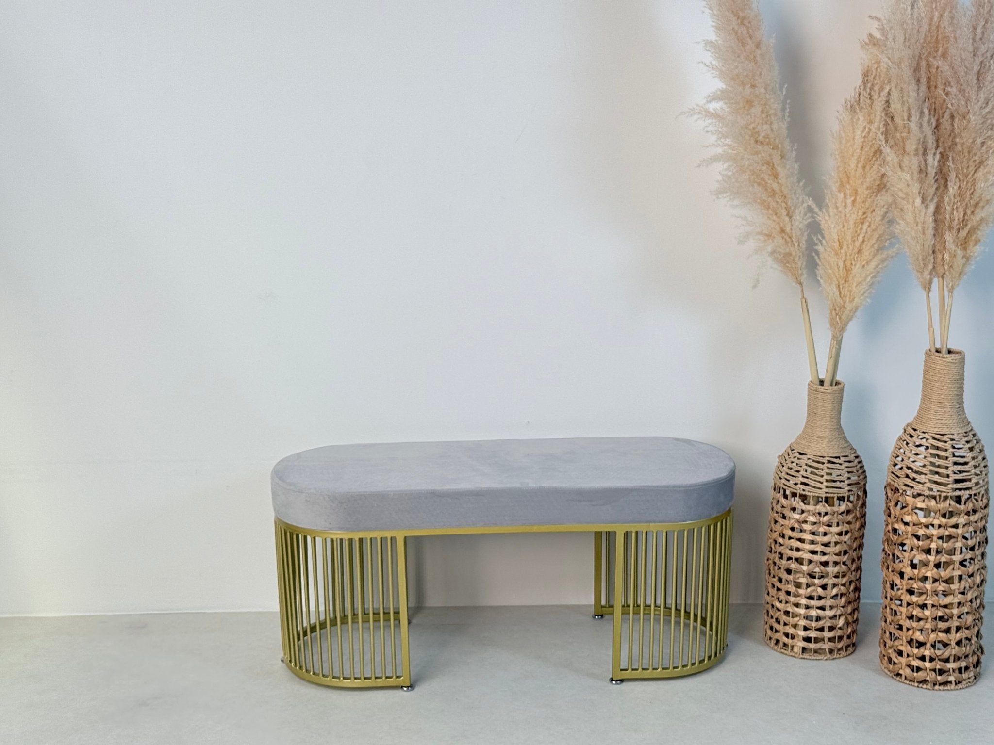 Serena Bench Luxury Gray Velvet Bench – Gold Metal Base - SHAGHAF HOME