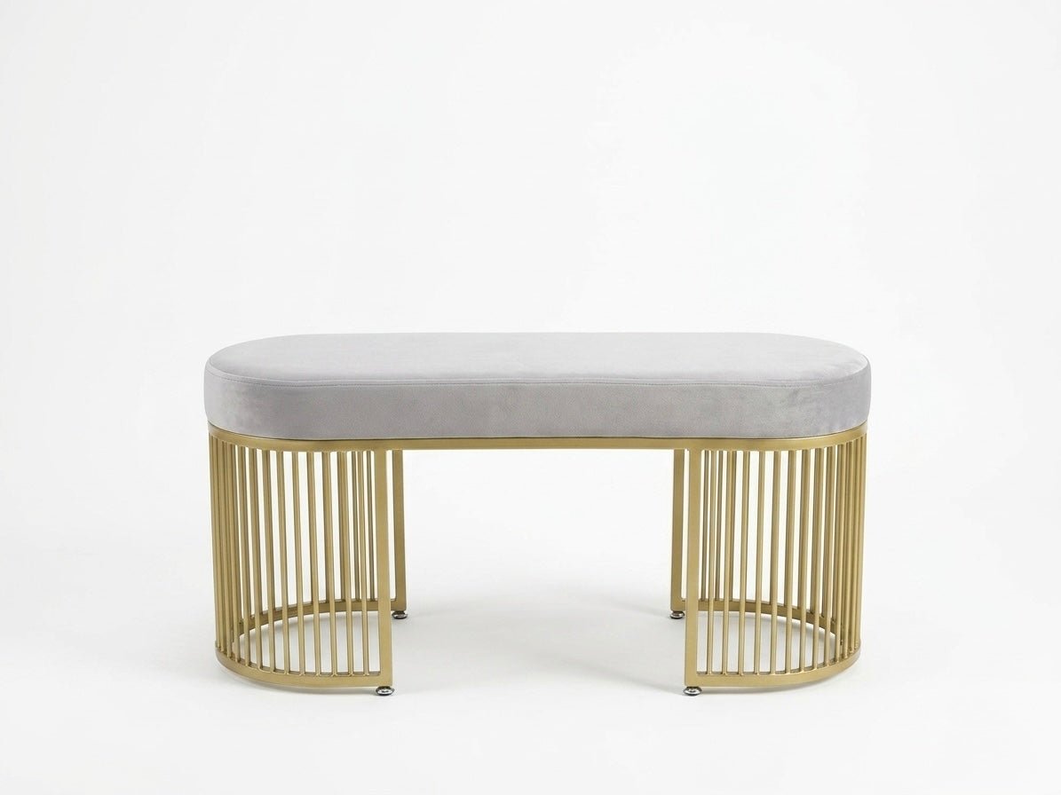 Serena Bench Luxury Gray Velvet Bench – Gold Metal Base - SHAGHAF HOME