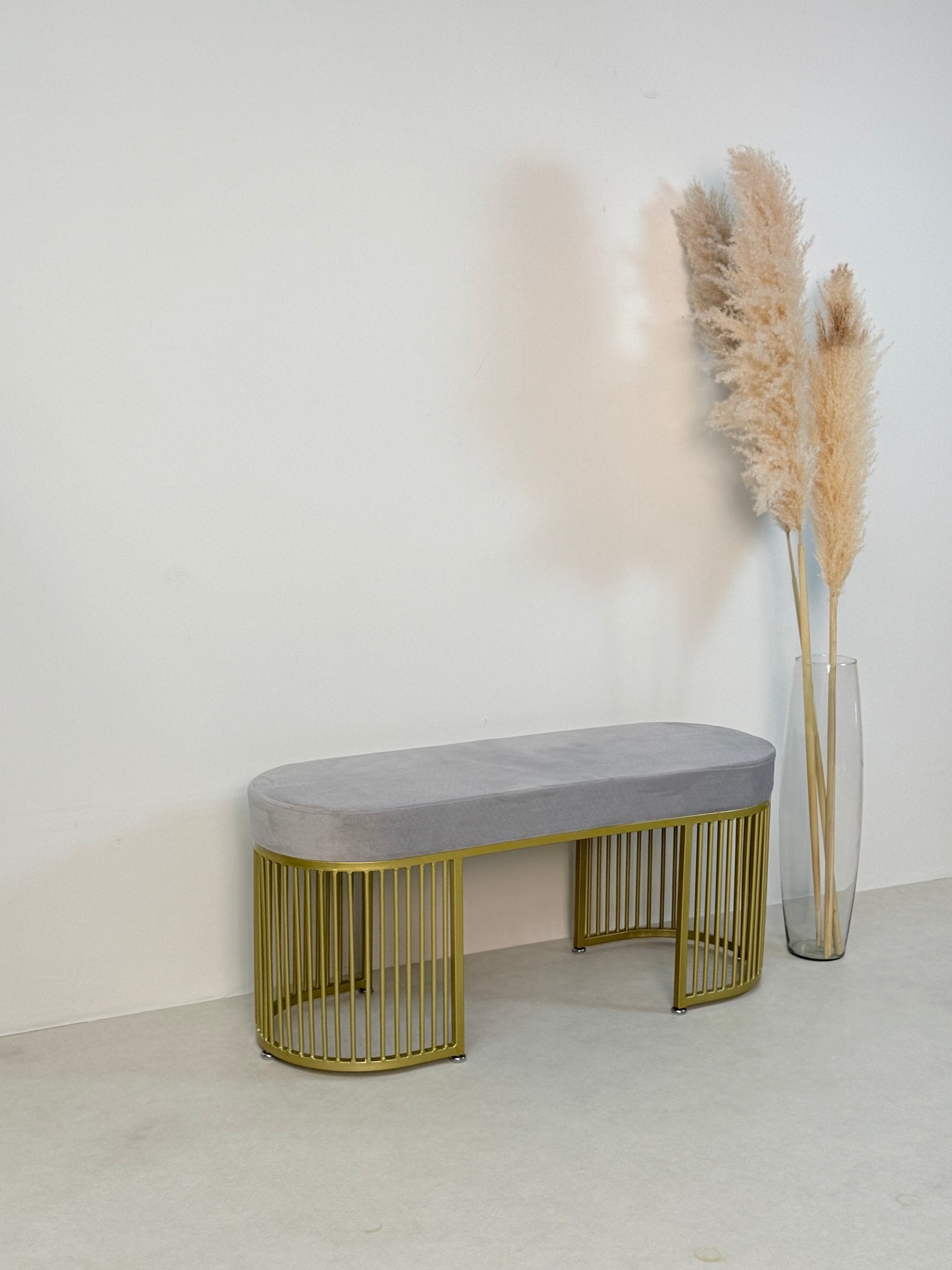 Serena Bench Luxury Gray Velvet Bench – Gold Metal Base - SHAGHAF HOME