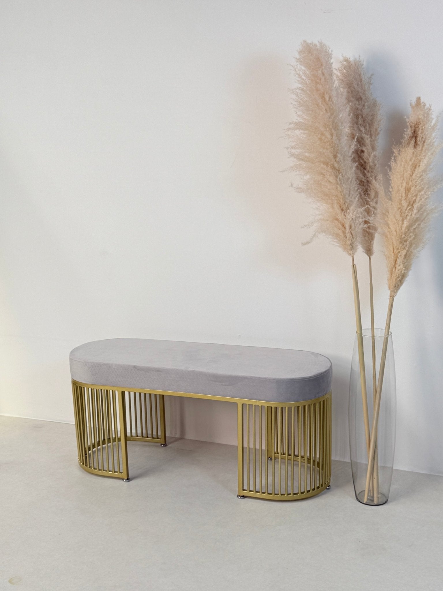 Serena Bench Luxury Gray Velvet Bench – Gold Metal Base - SHAGHAF HOME