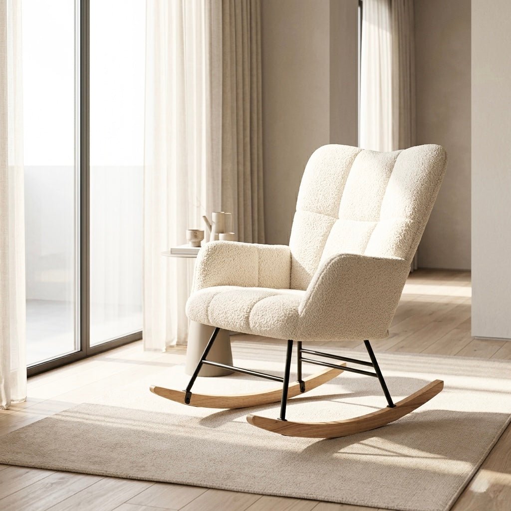 Serene Bouclé Rocking Accent Chair — Modern Upholstered Glider with Wood Rockers - SHAGHAF HOME