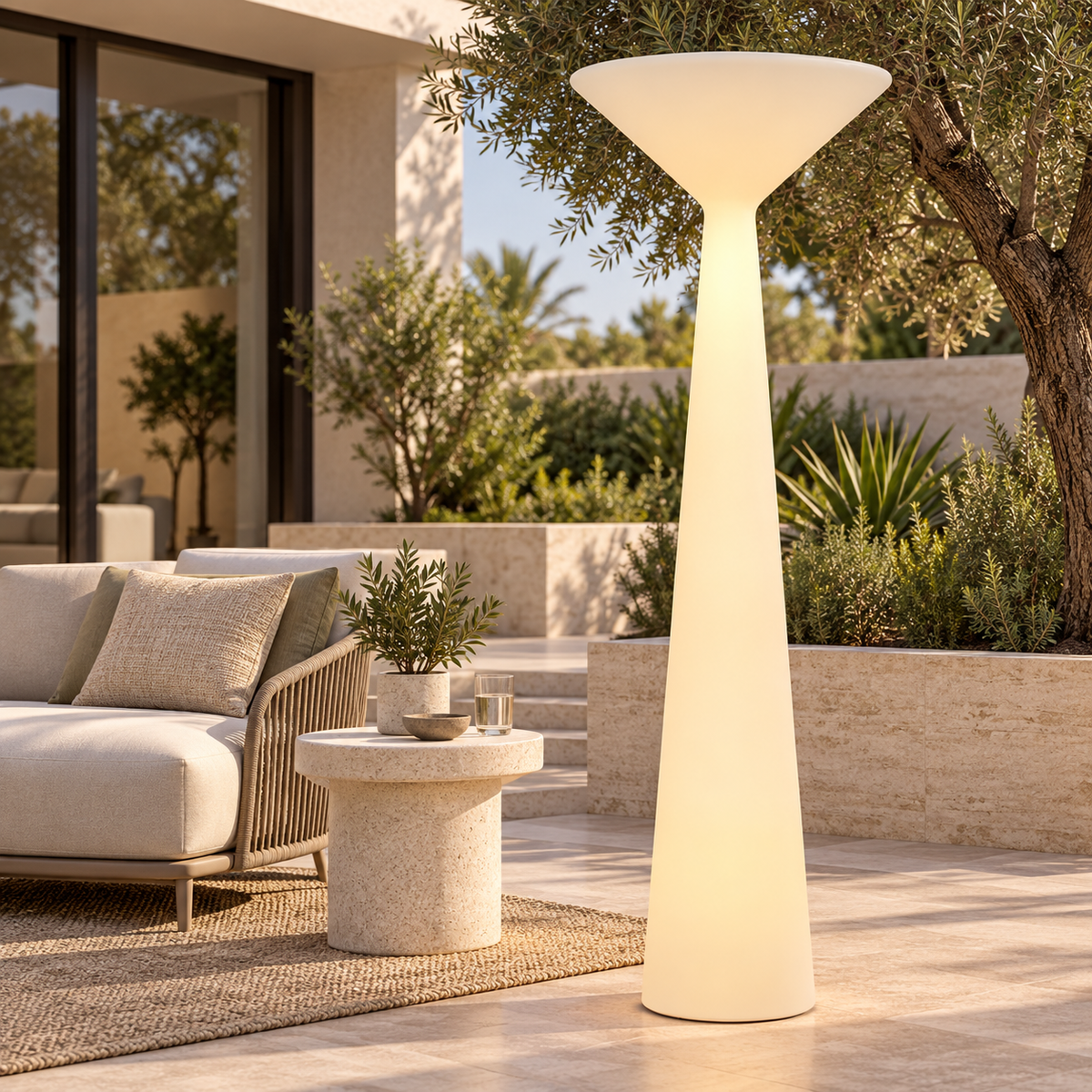 Solara rechargeable outdoor floor lamp in a luxury daytime patio
