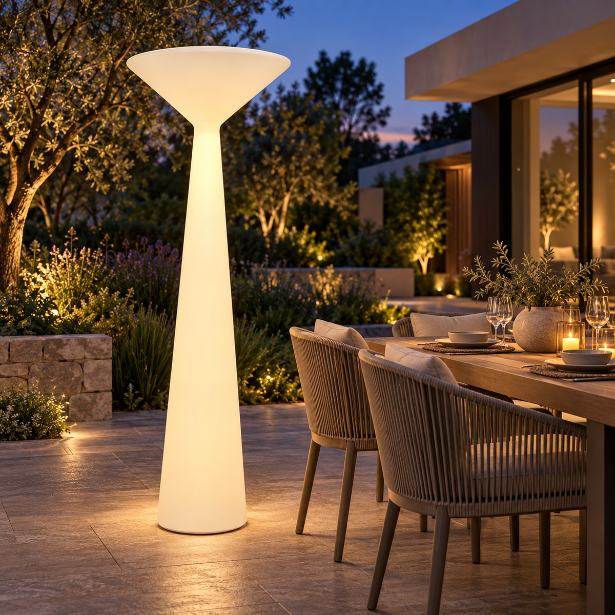Solara rechargeable outdoor floor lamp beside an evening garden dining area