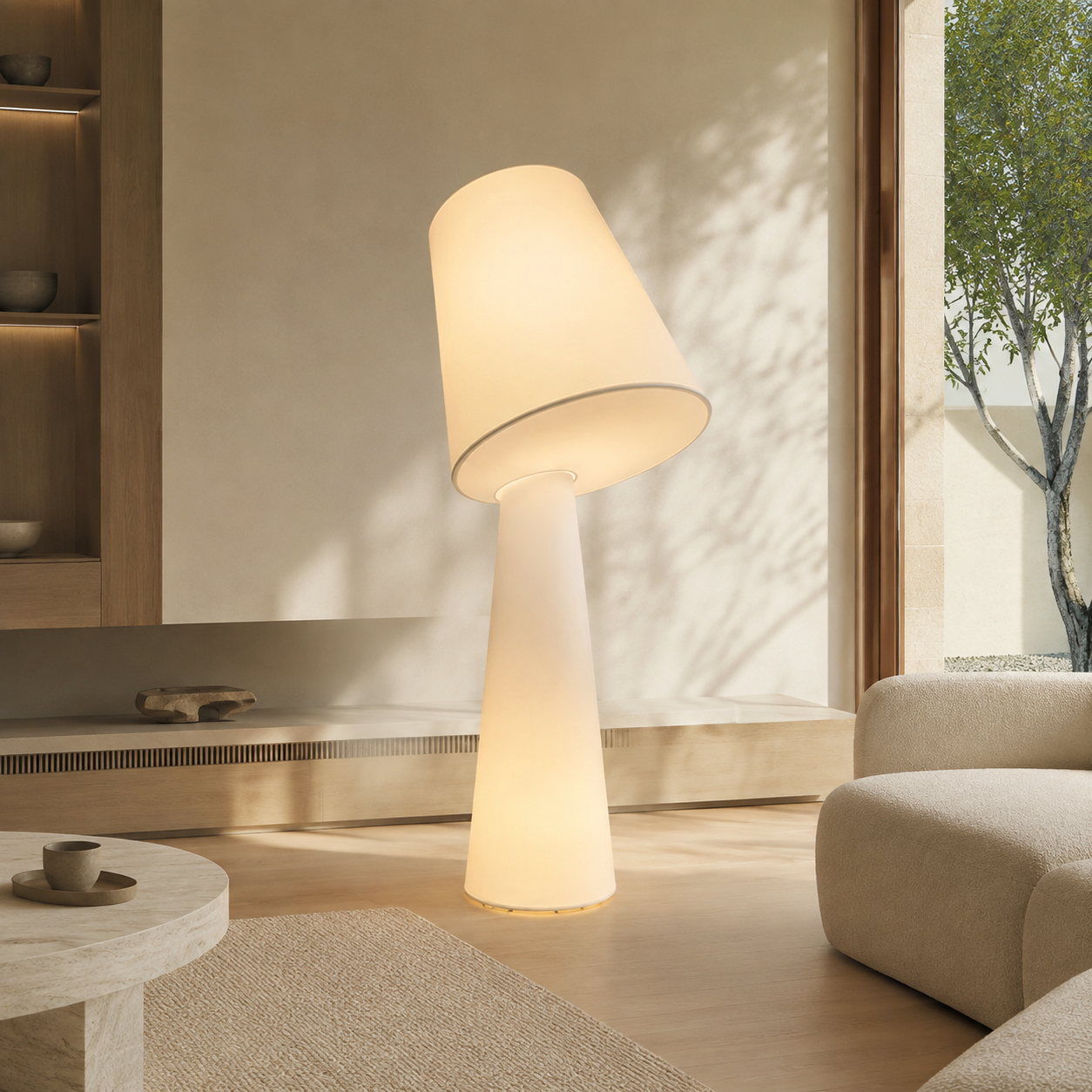 Solenne sculptural fabric floor lamp in a luxury minimalist living room