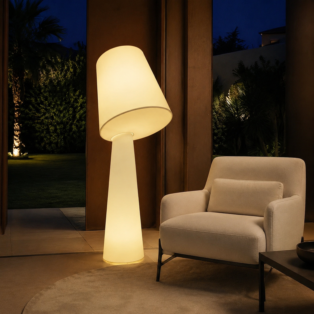 Solenne fabric floor lamp glowing beside a lounge chair at night