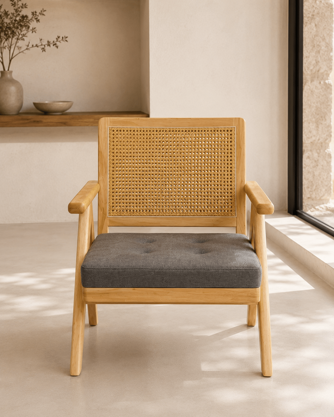 Solid Oak Lounge Chair with Handwoven Rattan Backrest - SHAGHAF HOME