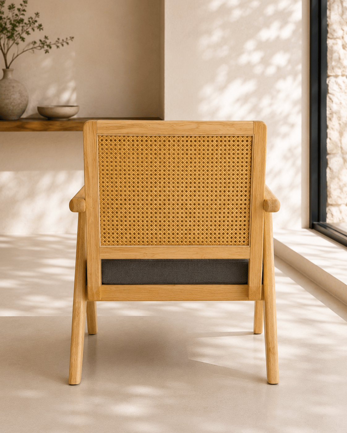 Solid Oak Lounge Chair with Handwoven Rattan Backrest - SHAGHAF HOME