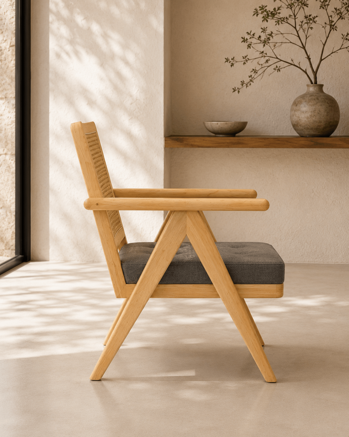 Solid Oak Lounge Chair with Handwoven Rattan Backrest - SHAGHAF HOME