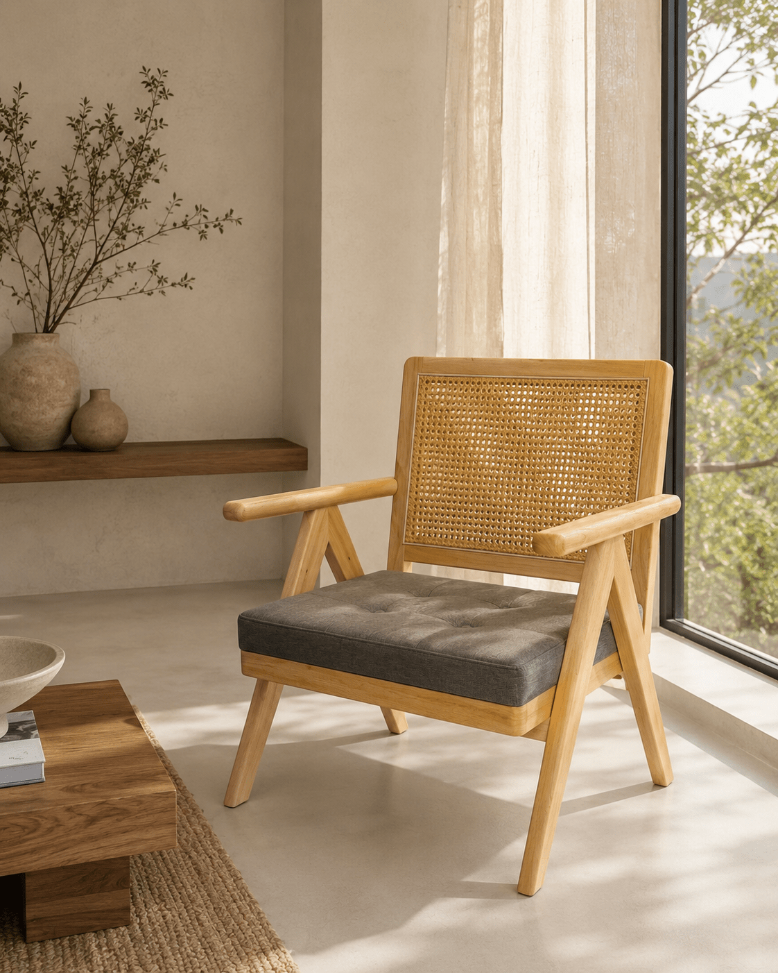 Solid Oak Lounge Chair with Handwoven Rattan Backrest - SHAGHAF HOME