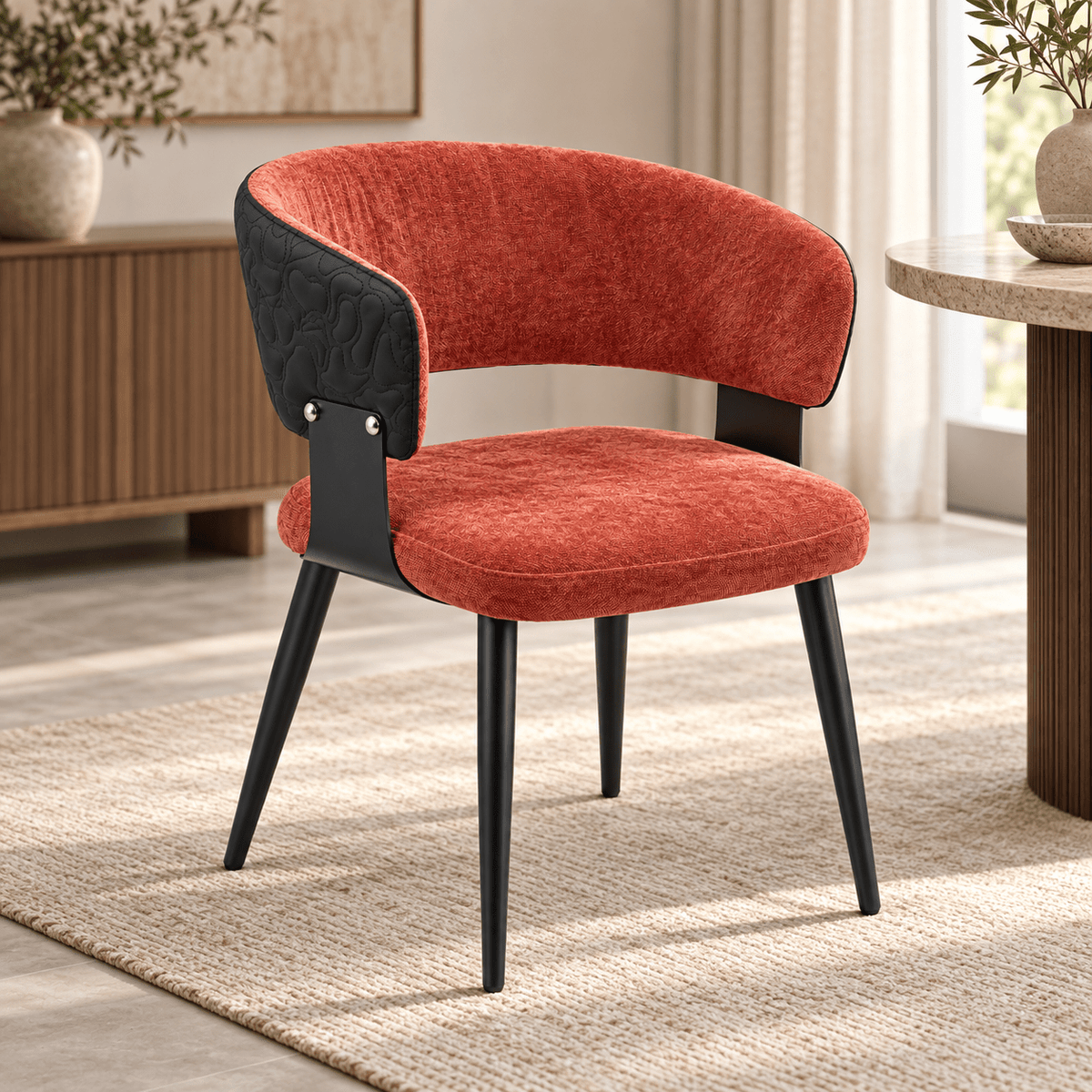 Terracotta Upholstered Dining Armchair with Black Metal Legs - SHAGHAF HOME