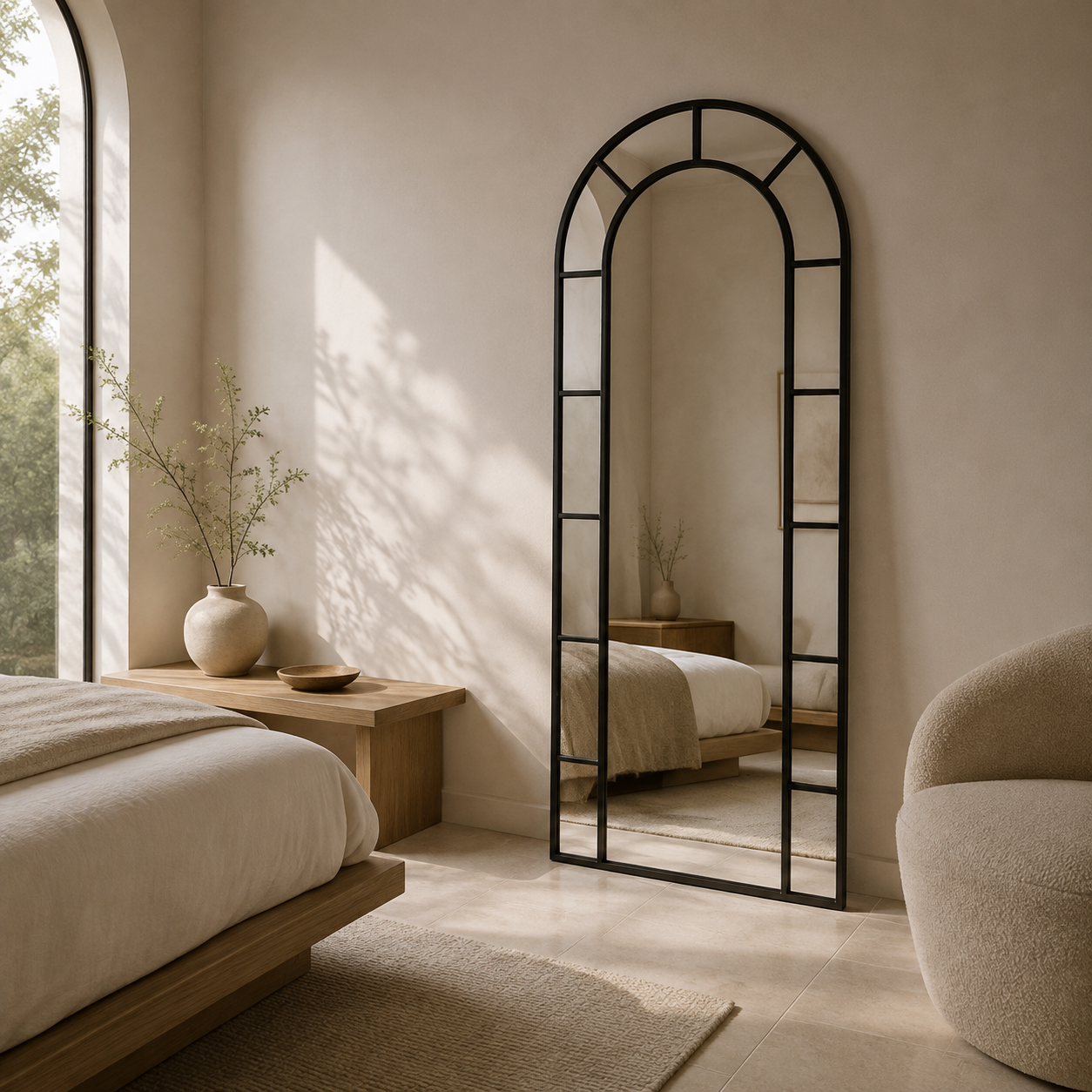 Veyra black arched mirror 180 x 90 cm in a Japandi bedroom