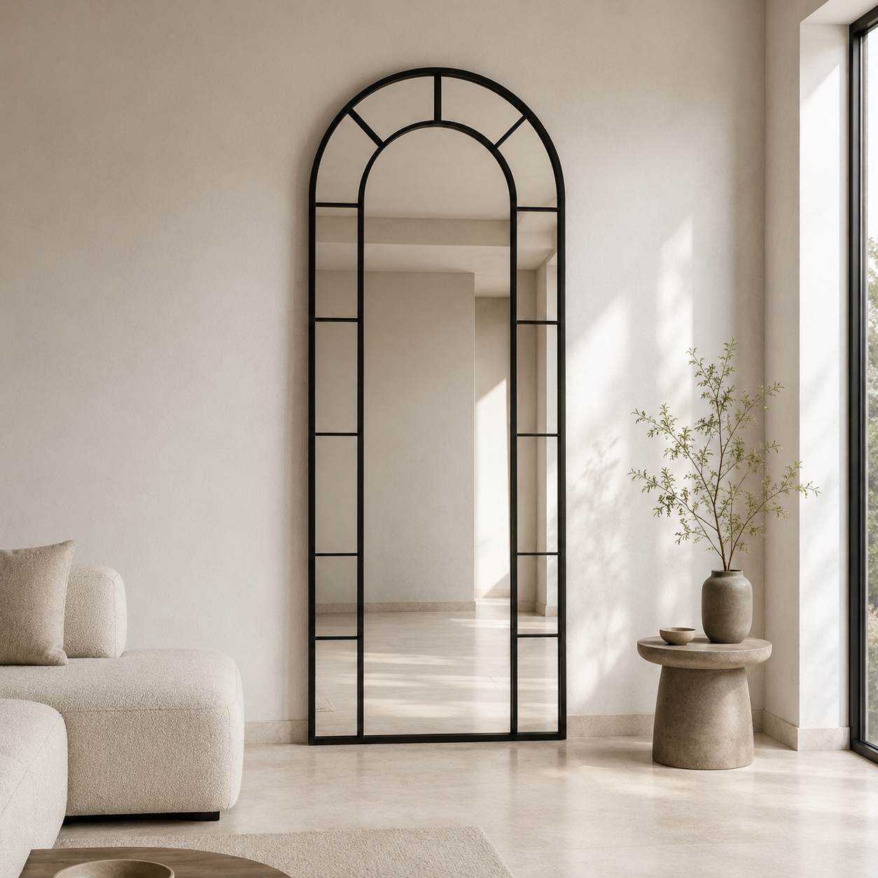 Veyra black arched mirror 200 x 90 cm in a luxury living room