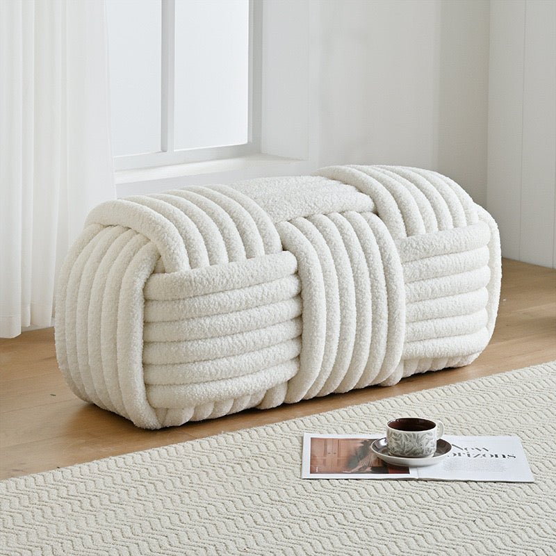 White Cloud Weave Bouclé Bench – Modern Sculptural Seat - SHAGHAF HOME