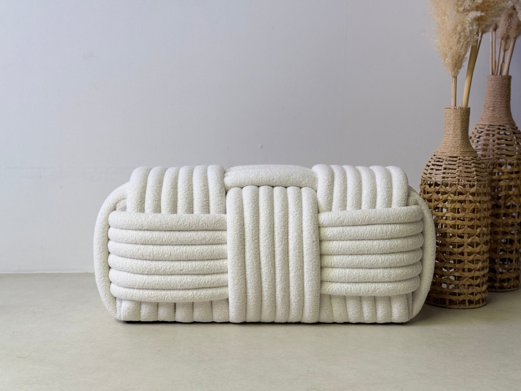 White Cloud Weave Bouclé Bench – Modern Sculptural Seat - SHAGHAF HOME