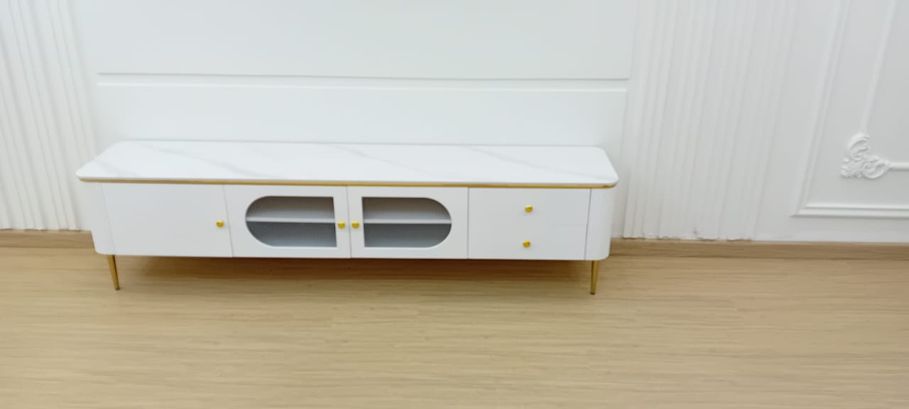 White Marble TV Unit – Modern Design with Storage - SHAGHAF HOME