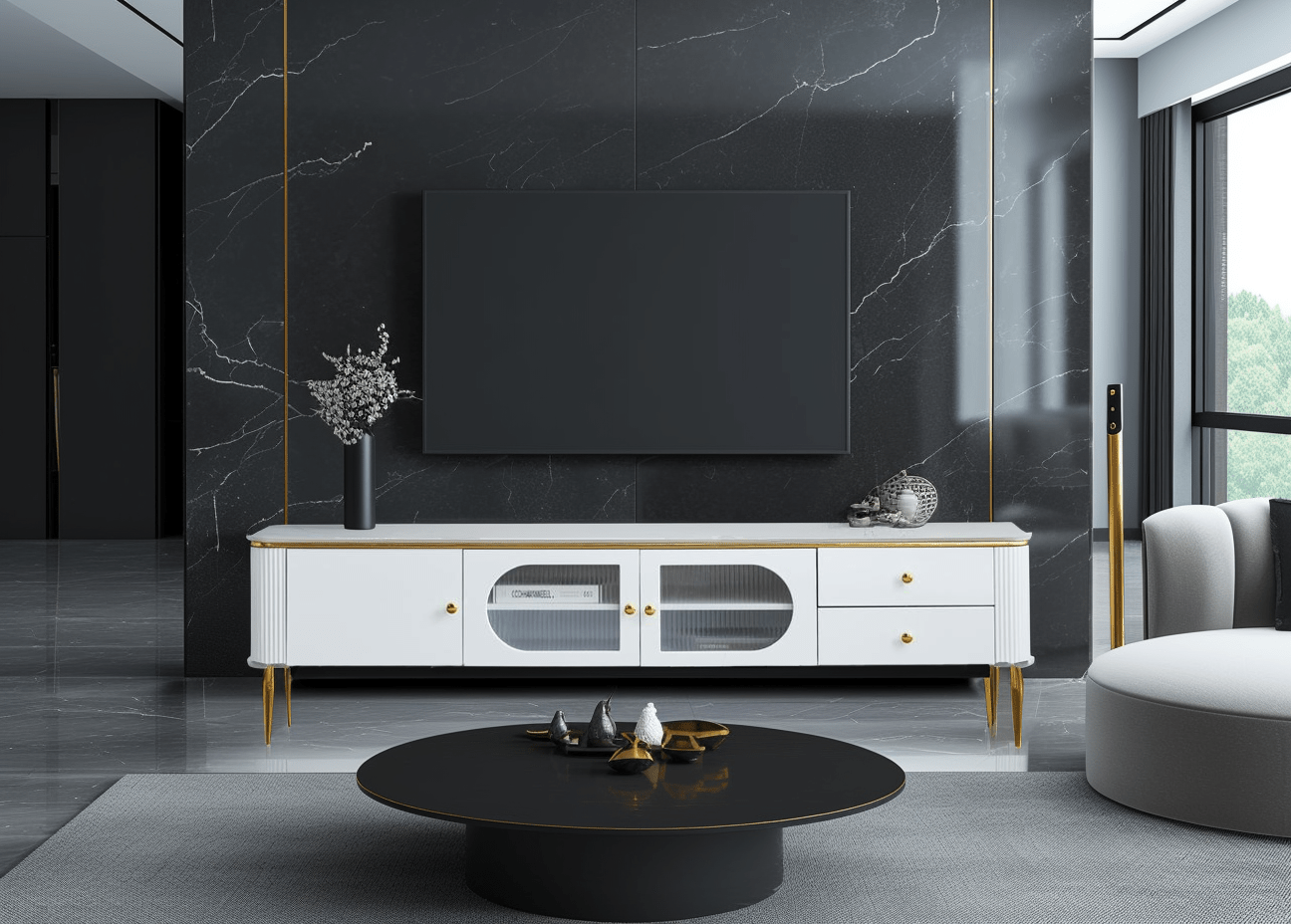 White Marble TV Unit – Modern Design with Storage - SHAGHAF HOME